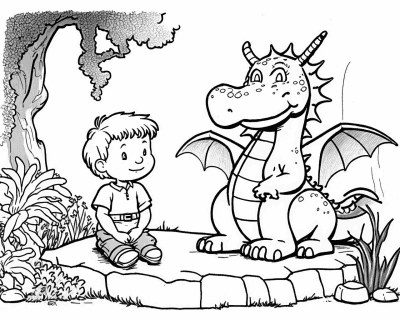 Omaľovánka chlapca sediaceho na kameni vedľa usmievavého kresleného draka pod stromom